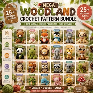 Pode incluir: Uma coleção digital de 25 padrões de crochê intitulada Mega Woodland Crochet Pattern Bundle. A imagem exibe 25 pequenos animais amigurumi, incluindo um urso, coelho, raposa, pinguim, gato, cão, panda, sapo, leão, elefante, girafa, veado, ouriço, esquilo, coruja, guaxinim, coala, tartaruga, unicórnio, dragão, narval, axolote, abelha e um cogumelo.