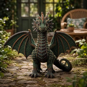 May include: A crocheted dragon figurine featuring a textured green and copper-toned body with large, spread wings, a long curled tail, and intricate scale-like stitching. The creature has a detailed head with prominent crests and sharp claws.