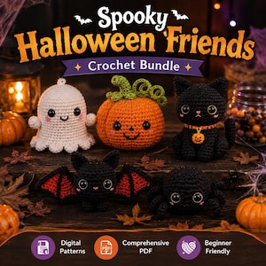 May include: A crochet bundle titled Spooky Halloween Friends featuring five handmade plush toys: a white ghost, an orange pumpkin, a black cat with a pumpkin charm, a black bat with red wings, and a black spider, all with large black eyes.