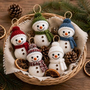 Puede incluir: Cinco adornos de muñecos de nieve tejidos a ganchillo con cuerpos redondos, narices naranjas y ojos negros. Cada muñeco lleva un gorro y una bufanda de distinto color, incluyendo rojo, verde, azul y blanco, con botones marrones y un lazo.