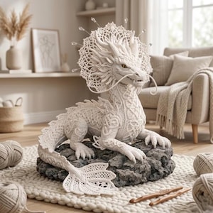 Könnte beinhalten: Eine weiße gehäkelte Drachenfigur mit komplizierten spitzenartigen Mustern und einem großen kreisförmigen Filigrankamm hinter dem Kopf. Der Drache hat lange Schnurrhaare, scharfe Krallen und einen detaillierten Schwanz auf einem dunklen Felsensockel.
