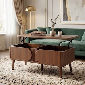 May include: A walnut-toned wooden lift-top coffee table featuring a rectangular surface, vertical slat detailing on the front panels, and four tapered legs. The top is elevated by a black metal mechanism, revealing an open storage compartment.