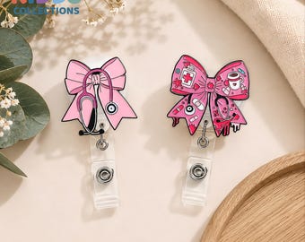 Pink Bow Badge Reel, Retractable ID Holder, Medical Assistant, Nurse, Student Gift