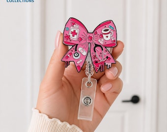 Pink Bow Badge Reel, Retractable ID Holder, Medical Assistant, Nurse, Student Gift