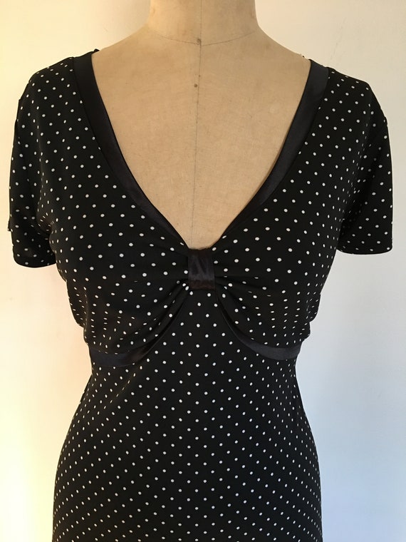 Navy polka dot 30s/40s-inspired knit dress