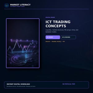 Puede incluir: Un libro electrónico titulado ICT Trading Concepts con 44 páginas y 34 lecciones. La portada muestra un gráfico financiero brillante en violeta y azul sobre un paisaje oscuro y texturizado. El texto incluye Market Literacy, English, Original Visuals y PDF.