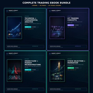 Könnte beinhalten: Ein komplettes Trading-E-Book-Paket mit vier digitalen Büchern, 181 Seiten und 141 visuellen Lektionen. Das Set enthält Titel zu technischer und fundamentaler Analyse, ICT-Trading-Konzepten, Orderflow und Marktstruktur sowie Aktienauswahl.