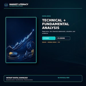 Puede incluir: Un libro electrónico digital titulado Technical + Fundamental Analysis, con una portada azul oscuro que muestra un gráfico de línea de tendencia ascendente brillante, un gráfico circular y gráficos de barras. Contiene 45 páginas y 35 lecciones.