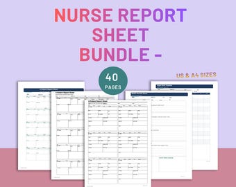 May include: A nurse report sheet bundle featuring 40 pages of printable templates in US and A4 sizes. The document includes various patient report sheets, EMAR handoff sheets, and night shift timelines with organized grids and text fields.