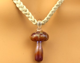 Glass Mushroom Necklace, Blown Glass Pendant, Hemp Necklace, Metal Free Jewelry, Hippie Gifts, Mushroom Lover Gifts, Mushroom Gift for Women