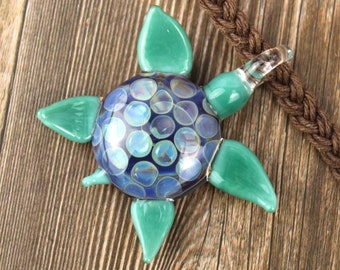 Blown Glass Turtle Pendant, Hemp Necklace, Sea Turtle Jewelry, Hippie Gift, Sea Turtle Lover Gift, Gift for Best Friend, Sea Turtle Necklace