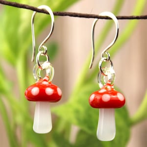 Glass Mushroom Earrings, Hypoallergenic Earrings, Sterling Silver Jewelry, Blown Glass Jewelry, Amanita Mushroom, Mushroom Gifts for Women image 1