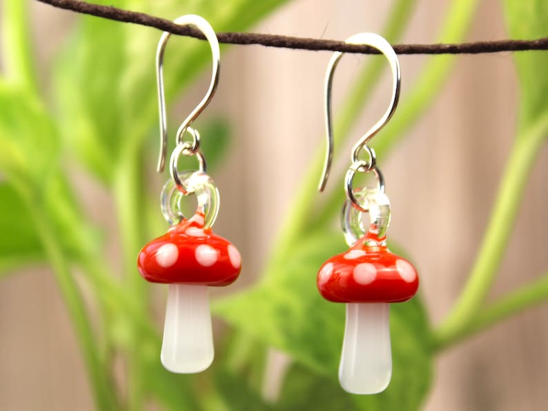 Glass Mushroom Earrings, Hypoallergenic Earrings, Sterling Silver Jewelry, Blown Glass Jewelry, Amanita Mushroom, Mushroom Gifts for Women image 1