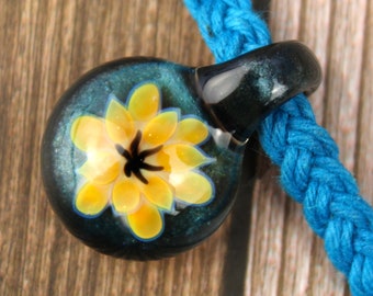 Blown Glass Flower Pendant, Hemp Necklace, Hypoallergenic Jewelry, Hippie Gifts, Flower Girl Gift, Best Friend Gift, Floral Gift for Her