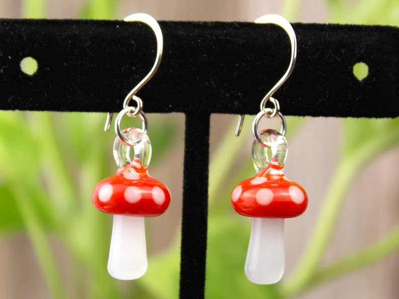 Glass Mushroom Earrings, Hypoallergenic Earrings, Sterling Silver Jewelry, Blown Glass Jewelry, Amanita Mushroom, Mushroom Gifts for Women image 4