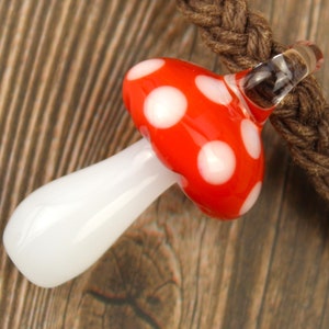 Glass Mushroom Necklace, Blown Glass Pendant, Hemp Necklace, Metal Free Jewelry, Hippie Gifts, Mushroom Lover Gifts, Mushroom Gift for Women image 1