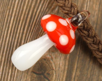 Glass Mushroom Necklace, Blown Glass Pendant, Hemp Necklace, Metal Free Jewelry, Hippie Gifts, Mushroom Lover Gifts, Mushroom Gift for Women