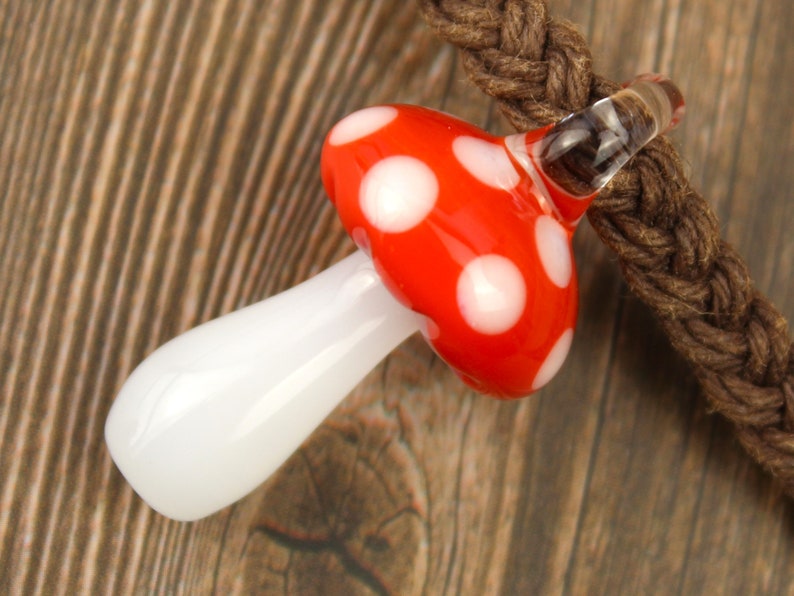 Glass Mushroom Necklace, Blown Glass Pendant, Hemp Necklace, Metal Free Jewelry, Hippie Gifts, Mushroom Lover Gifts, Mushroom Gift for Women image 1