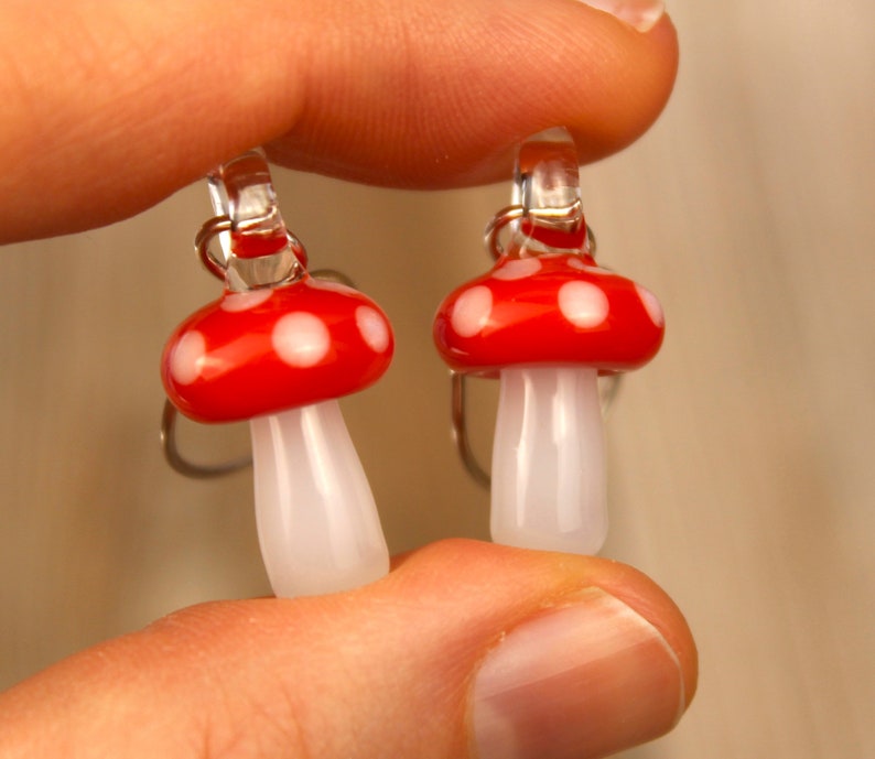 Glass Mushroom Earrings, Hypoallergenic Earrings, Sterling Silver Jewelry, Blown Glass Jewelry, Amanita Mushroom, Mushroom Gifts for Women image 8