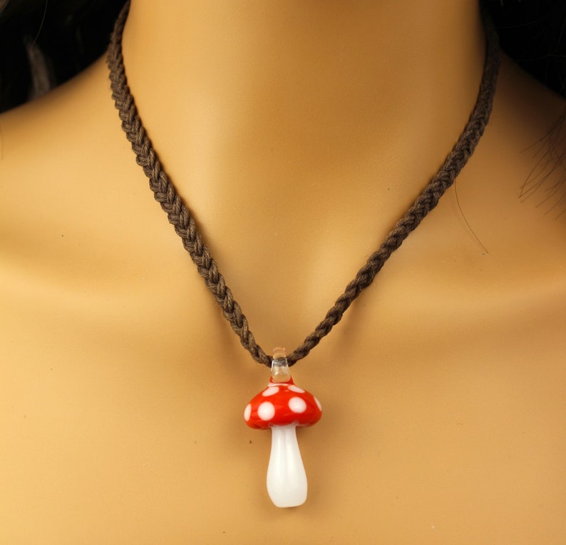 Glass Mushroom Necklace, Blown Glass Pendant, Hemp Necklace, Metal Free Jewelry, Hippie Gifts, Mushroom Lover Gifts, Mushroom Gift for Women image 6