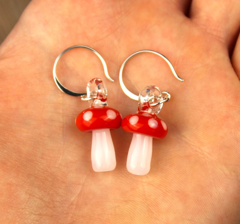 Glass Mushroom Earrings, Hypoallergenic Earrings, Sterling Silver Jewelry, Blown Glass Jewelry, Amanita Mushroom, Mushroom Gifts for Women image 7