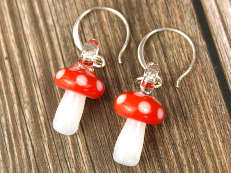 Glass Mushroom Earrings, Hypoallergenic Earrings, Sterling Silver Jewelry, Blown Glass Jewelry, Amanita Mushroom, Mushroom Gifts for Women image 6