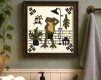 Frog Shower Cross Stitch Pattern PDF, Funny Whimsical Bathroom Decor, Cottagecore Cross Stitch, Instant Download