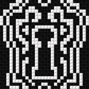 Op de afbeelding: Een kruissteekpatroon met een wit, gepixeld sleutelgatontwerp gecentreerd op een effen zwarte achtergrond. Het motief is samengesteld uit individuele vierkante steken die een symmetrische, sierlijke vorm vormen met een centrale opening.