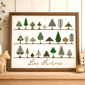 Può includere: Un ricamo a punto croce incorniciato che presenta tre file orizzontali di vari disegni di alberi pixelati in tonalità di verde, marrone e grigio. Il testo Les Arbres è ricamato in un carattere corsivo nella parte inferiore centrale.