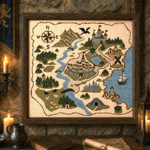 Fantasy Treasure Map Cross Stitch Pattern PDF, Medieval Kingdom Dragon Map, Adventure Fantasy Wall Art Needlework, Instant Download