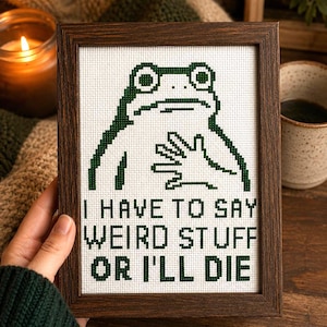May include: A framed cross-stitch embroidery featuring a dark green frog with a hand placed over its chest. Below the frog, the text reads: I HAVE TO SAY WEIRD STUFF OR I'LL DIE. The piece is enclosed in a rectangular dark brown wooden frame.