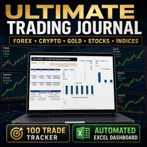 May include: A laptop displaying an Ultimate Trading Journal Excel dashboard with trade performance metrics, charts, and tables. The screen shows data for Forex, Crypto, Gold, Stocks, and Indices, surrounded by digital financial market charts.