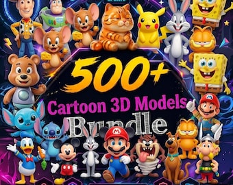 May include: A digital collection of 500+ Cartoon 3D Models Bundle featuring various animated characters including Woody, Buzz Lightyear, Jerry, Pikachu, Bugs Bunny, SpongeBob, Garfield, Mario, Stitch, Donald Duck, Mickey Mouse, and Taz.