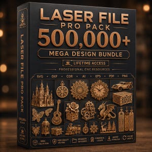 May include: A black box labeled Laser File Pro Pack 500,000+ Mega Design Bundle with gold text and graphics. It features icons for SVG, DXF, CDR, AI, EPS, PDF, and PNG formats. The box displays various laser-cut designs including a castle, clock, dragon, and train.