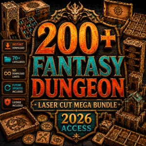Pack géant de fichiers découpés au laser sur le thème des donjons fantastiques, designs RPG, 200 fichiers (svg, dxf, cdr, ai, eps, pdf), téléchargement instantané