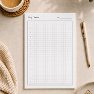 May include: A white daily schedule planner sheet with black grid lines and hourly time slots from 7 to 9. The header features the text Daily Schedule and a line for the date. The paper is rectangular with a clean, minimalist black border design.
