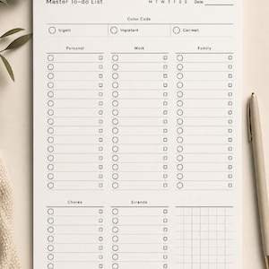 May include: A white Master To-do List planner page with black text and lines. It features sections for Personal, Work, Family, Chores, and Errands, including a colour code area for Urgent, Important, and Can wait, plus a grid section and date line.