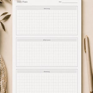 May include: A white daily planner sheet with black text and grid lines. The header reads Daily Plans and Date. Three distinct sections are labelled Morning, Afternoon, and Evening, each containing a grid for scheduling tasks throughout the day.