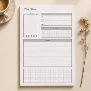 May include: A white paper book review planner sheet featuring the text Book Review at the top. The layout includes a section for book details like Title, Author, Genre, and Pages, a blank box for a cover sketch, five star icons, a grid for a summary, and lined space for a written review.