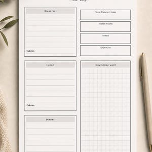 May include: A white paper meal log planner with black text and lines. The layout includes sections for Breakfast, Lunch, and Dinner with calorie fields, plus boxes for Total Calorie Intake, Water Intake, Mood, Exercise, and a grid for How today went.