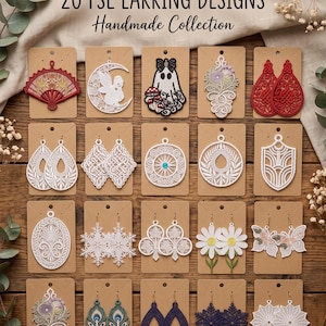 May include: A collection of 20 FSL earring designs displayed on individual brown cardboard cards. The set features various intricate lace-style patterns including fans, moons, ghosts, flowers, snowflakes, and geometric shapes in white, red, and blue.