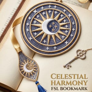 Celestial Harmony FSL bokmärkesbroderidesign, frittstående spetsbokmärke med måne och stjärnor, present till Celestial bokälskare, maskinbroderi