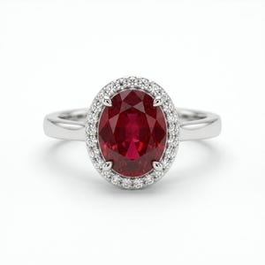 Oval Red Ruby Halo Engagement Ring, Lab Grown Diamond, Vintage Bridal Ring