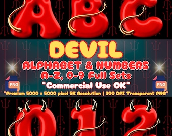 Teufelsalphabet (PNG), 3D-Buchstaben in Rot, Halloween-Sublimationsschrift, Zahlen mit Dämonenhörnern, gruselige Y2K-Cliparts, kommerzielle Nutzung