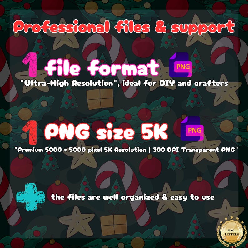 May include: A digital graphic featuring a dark green background with a repeating Christmas pattern of red ornaments, candy canes, stars, and gift boxes. Text includes Professional files & support, 1 file format, 1 PNG size 5K, and the files are well organized & easy to use.