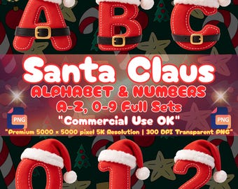 Weihnachtsmann-Alphabet (PNG), 3D-Weihnachtsbuchstaben-Clipart, Schriftart für rote Samtmütze (Sublimation), Dekoration für Familien-Weihnachts-Shirts, kommerzielle Nutzung