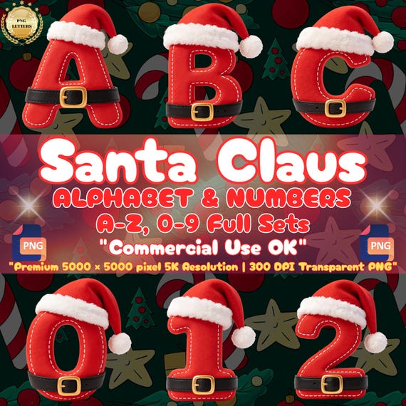 Santa Claus Alphabet PNG, 3D Christmas Letters Clipart, Red Velvet Hat Font for Sublimation, Holiday Family Shirt Decor, Commercial Use