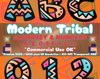 Modernes Stammesalphabet (PNG), geometrische Neonbuchstaben, schwarze 3D-Azteken-Cliparts, farbenfrohe Boho-Schriftart, Sublimationszahlen, kommerzielle Nutzung
