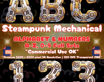Steampunk-Alphabet (PNG), 3D-Schriftart im mechanischen Stil, Buchstaben im Industriedesign für Sublimationsdruck, Cyberpunk-Typografie, kommerzielle Nutzung (5K)