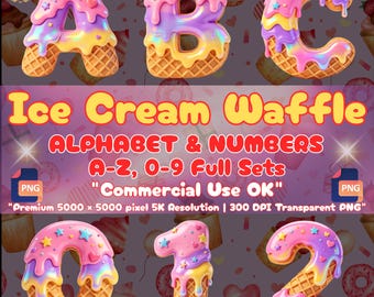Eiswaffel-Alphabet (PNG), 3D-Buchstaben-Clipart für süße Desserts, Pastell-Donut-Schriftart für Sublimation, Kindergeburtstagsdeko, kommerzielle Nutzung